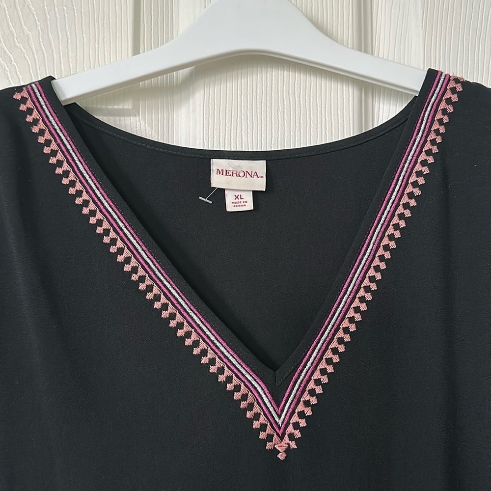 Merona Black V-neck Dress With Embroidery Trim Size XL - Picture 8 of 8